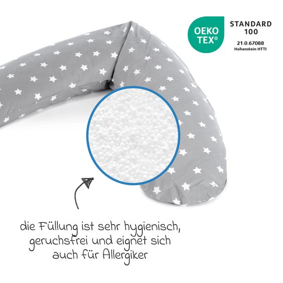 Theraline Nursing pillow The Comfort with micro beads filling incl. cover 180 cm - Big Stars - Grey