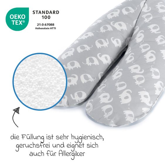 Theraline Nursing pillow The Comfort with micro pearl filling incl. cover 180 cm - herd of elephants