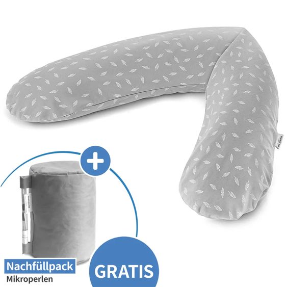 Theraline Cuscino per l'allattamento The Original 190 cm + ricarica gratuita di microperle 9,5 litri - Foglie - Grigio