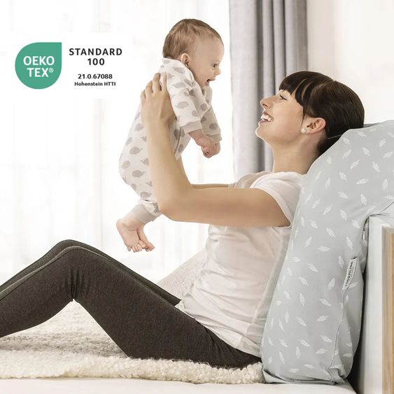 Theraline Stillkissen Das Original 190 cm + Gratis Mikroperlen-Nachfüllpack 9,5 Liter - Leaves - Grau