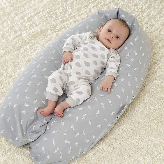 Theraline Stillkissen Das Original 190 cm + Gratis Mikroperlen-Nachfüllpack 9,5 Liter - Leaves - Grau