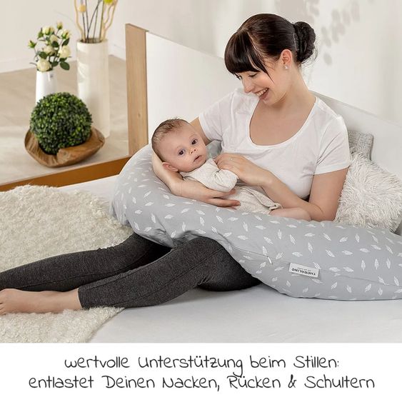 Theraline Stillkissen Das Original 190 cm + Gratis Mikroperlen-Nachfüllpack 9,5 Liter - Leaves - Grau