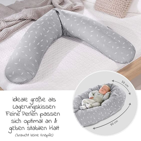Theraline Stillkissen Das Original 190 cm + Gratis Mikroperlen-Nachfüllpack 9,5 Liter - Leaves - Grau