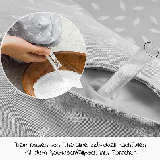 Theraline Stillkissen Das Original 190 cm + Gratis Mikroperlen-Nachfüllpack 9,5 Liter - Leaves - Grau