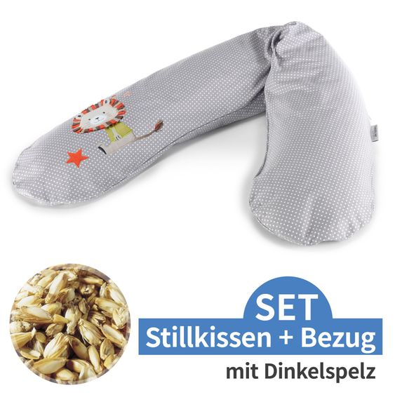 Theraline Nursing pillow The Original with spelt fur filling incl. cover 190 cm - crackle lion - dots gray