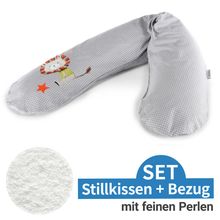 Cuscino per l'allattamento The Original con imbottitura in microperle, incluso il coperchio 190 cm - Leone craquelé - Puntini grigi