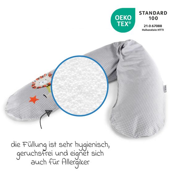Theraline Cuscino per l'allattamento The Original con imbottitura in microperle, incluso il coperchio 190 cm - Leone craquelé - Puntini grigi