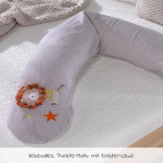 Theraline Cuscino per l'allattamento The Original con imbottitura in microperle, incluso il coperchio 190 cm - Leone craquelé - Puntini grigi