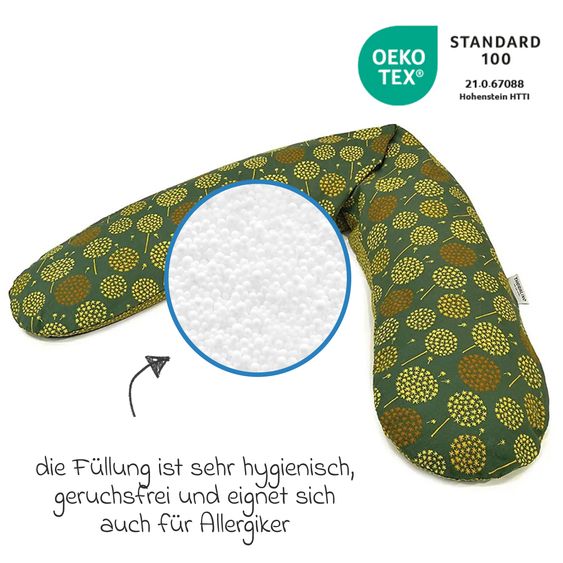 Theraline Nursing pillow The Original with micro bead filling incl. cover 190 cm - dandelion - dark green