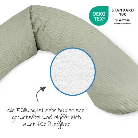 Theraline Cuscino per allattamento The Original con imbottitura in microsfere e fodera in mussola 190 cm - salvia