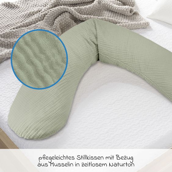 Theraline Cuscino per allattamento The Original con imbottitura in microsfere e fodera in mussola 190 cm - salvia