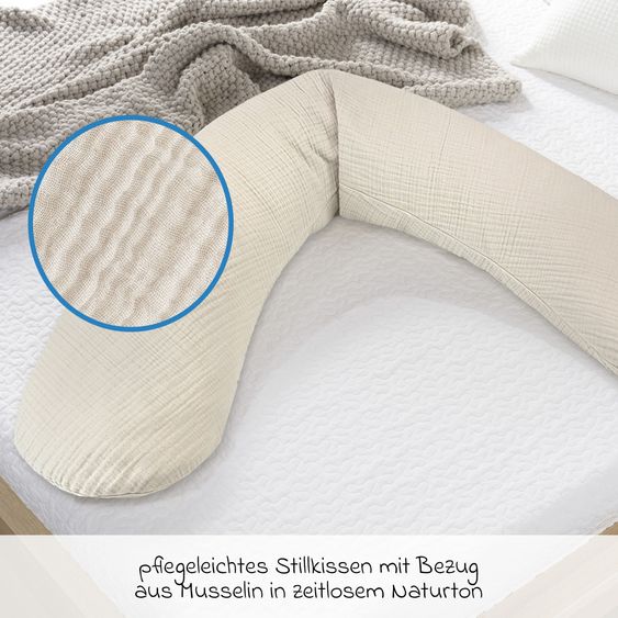 Theraline Cuscino per allattamento The Original con imbottitura in microsfere e fodera in mussola 190 cm - beige sabbia