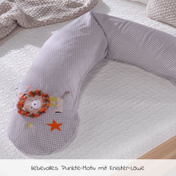 Theraline Nursing pillow The Original with polyester hollow fiber filling incl. cover 190 cm - crackle lion - dots gray