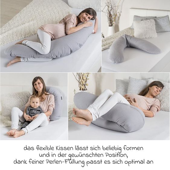 Theraline Coussin D'Allaitement Dodo Premium avec Fine Remplissage Perlé incl. Housse Coton + Lot de 10 Lingettes Mousseline 180 Cm - Pois Polka - Gris