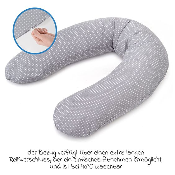 Theraline Coussin D'Allaitement Dodo Premium avec Fine Remplissage Perlé incl. Housse Coton + Lot de 10 Lingettes Mousseline 180 Cm - Pois Polka - Gris