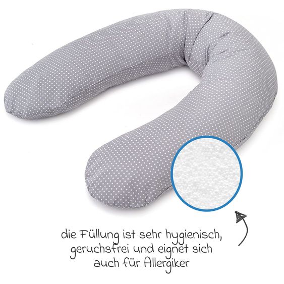 Theraline Coussin D'Allaitement Dodo Premium avec Fine Remplissage Perlé incl. Housse Coton + Lot de 10 Lingettes Mousseline 180 Cm - Pois Polka - Gris