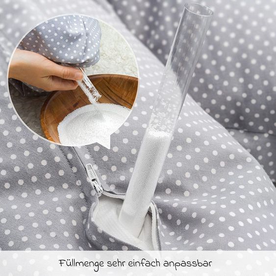 Theraline Coussin D'Allaitement Dodo Premium avec Fine Remplissage Perlé incl. Housse Coton + Lot de 10 Lingettes Mousseline 180 Cm - Pois Polka - Gris