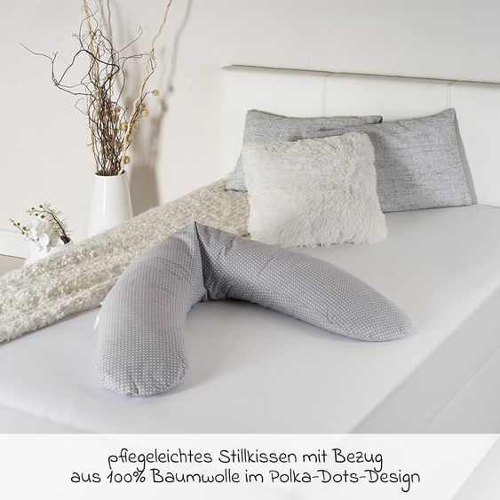Theraline Coussin D'Allaitement Dodo Premium avec Fine Remplissage Perlé incl. Housse Coton + Lot de 10 Lingettes Mousseline 180 Cm - Pois Polka - Gris