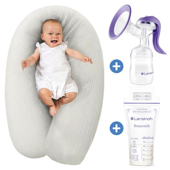 Theraline Dodo Premium Nursing Pillow with fine pearl filling incl. cover + hand milk pump + breast milk bags 25 pack 180 cm - Mist Grey