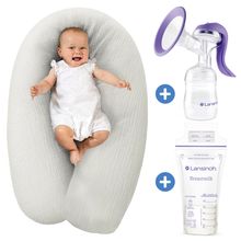 Dodo Premium Nursing Pillow with fine pearl filling incl. cover + hand milk pump + breast milk bags 25 pack 180 cm - Mist Grey