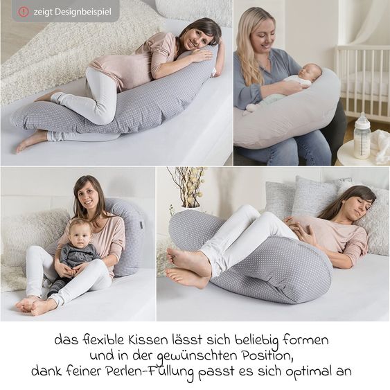 Theraline Dodo Premium Nursing Pillow with fine pearl filling incl. cover + hand milk pump + breast milk bags 25 pack 180 cm - Mist Grey
