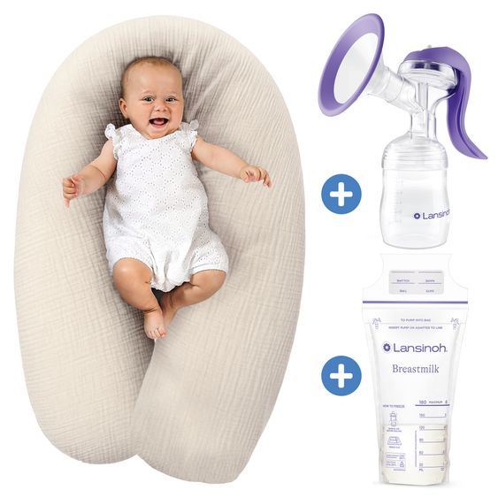 Theraline Dodo Premium Nursing Pillow with fine pearl filling incl. cover + hand milk pump + breast milk bags 25 pack 180 cm - Sand Beige