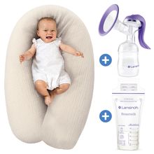Dodo Premium Nursing Pillow with fine pearl filling incl. cover + hand milk pump + breast milk bags 25 pack 180 cm - Sand Beige