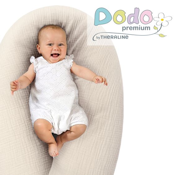Theraline Dodo Premium Nursing Pillow with fine pearl filling incl. cover + hand milk pump + breast milk bags 25 pack 180 cm - Sand Beige