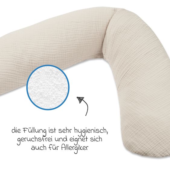 Theraline Dodo Premium Nursing Pillow with fine pearl filling incl. cover + hand milk pump + breast milk bags 25 pack 180 cm - Sand Beige