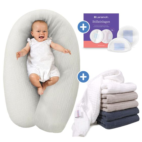 Theraline Dodo Premium Nursing Pillow with fine pearl filling incl. cover + muslin cloth 6 pack + disposable nursing pads 36 pack 180 cm - Mist Grey