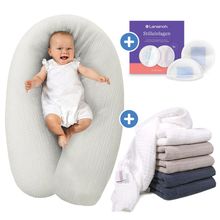 Dodo Premium Nursing Pillow with fine pearl filling incl. cover + muslin cloth 6 pack + disposable nursing pads 36 pack 180 cm - Mist Grey
