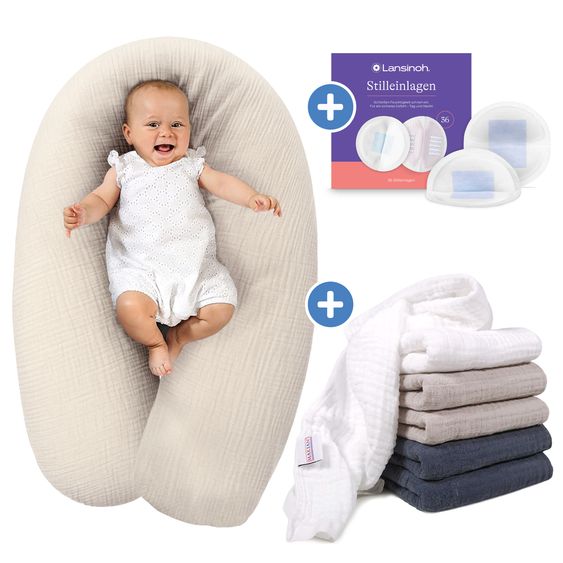 Theraline Dodo Premium Nursing Pillow with fine pearl filling incl. cover + muslin cloth 6 pack + disposable nursing pads 36 pack 180 cm - Sand Beige