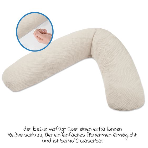Theraline Dodo Premium Nursing Pillow with fine pearl filling incl. cover + muslin cloth 6 pack + disposable nursing pads 36 pack 180 cm - Sand Beige