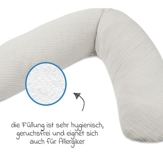 Theraline Nursing Pillow Dodo Premium with fine pearl filling incl. cover - muslin 180 cm - Mist Grey