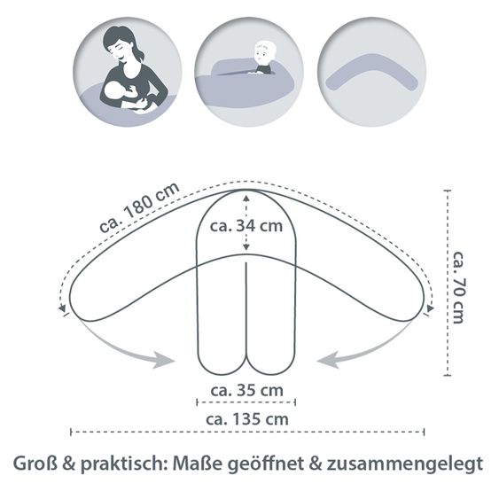 Theraline Nursing Pillow Dodo Premium with fine pearl filling incl. cover - muslin 180 cm - Mist Grey