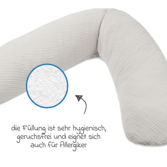Theraline Cuscino allattamento Dodo Premium con imbottitura fine in perline incl. copertura in mussola + set 3 panni in mussola omaggio 180 cm - Grigio Nebbia