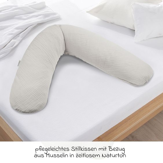 Theraline Cuscino allattamento Dodo Premium con imbottitura fine in perline incl. copertura in mussola + set 3 panni in mussola omaggio 180 cm - Grigio Nebbia