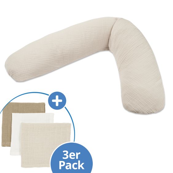 Theraline Coussin D'Allaitement Dodo Premium avec Finition Perle Fine incl. Housse en Mousseline + Lot de 3 Carrés en Mousseline Offerts 180 Cm - Sable Beige