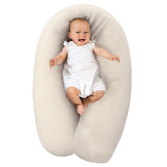 Theraline Coussin D'Allaitement Dodo Premium avec Finition Perle Fine incl. Housse en Mousseline + Lot de 3 Carrés en Mousseline Offerts 180 Cm - Sable Beige