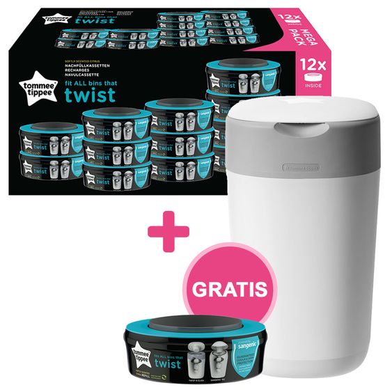 Tommee Tippee Sangenic Twist & Click Set - 12 confezioni di ricarica + secchio per pannolini in omaggio