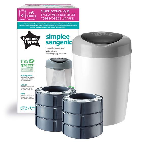 Tommee Tippee Diaper Pail Simplee Sangenic incl. 6 Refill Cassettes - Greenfilm™ - White Grey