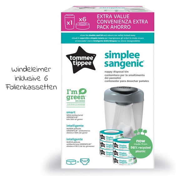 Tommee Tippee Diaper Pail Simplee Sangenic incl. 6 Refill Cassettes - Greenfilm™ - White Grey