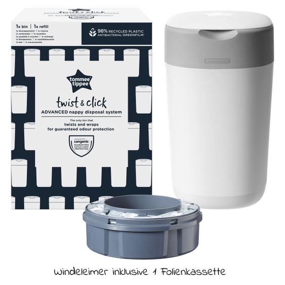 Tommee Tippee Diaper Pail Twist and Click Sangenic incl. 1 refill cartridge - Greenfilm™ - White