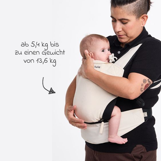 tula Babytrage & Wetterschutz Tula Lite Ultrakompakt für unterwegs von 5,4 kg - 13,6 kg - 2 Positionen Bauch, Rücken inkl. Hüfttasche - Cream