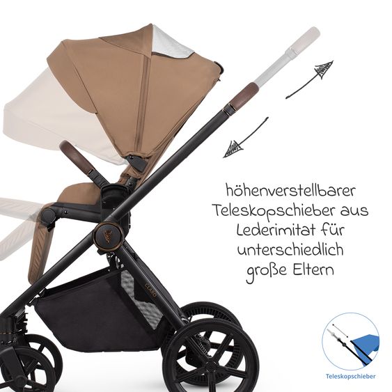 Venicci Passeggino Claro 2in1 fino a 22 kg con navicella, sedile sportivo, maniglione telescopico, posizione reclinabile, incluso parapioggia, coprigambe, catena per ciucci, carillon, gioco da afferrare e borsa fasciatoio - Caramello