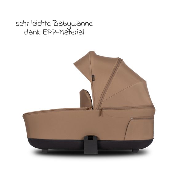 Venicci Passeggino Claro 2in1 fino a 22 kg con navicella, sedile sportivo, maniglione telescopico, posizione reclinabile, incluso parapioggia, coprigambe, catena per ciucci, carillon, gioco da afferrare e borsa fasciatoio - Caramello