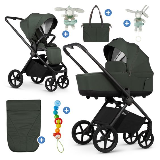 Venicci Passeggino Claro 2in1 fino a 22 kg con navicella, sedile sportivo, maniglione telescopico, posizione reclinabile, incluso parapioggia, coprigambe, catena per ciucci, carillon, giocattolo da afferrare e borsa fasciatoio - Foresta