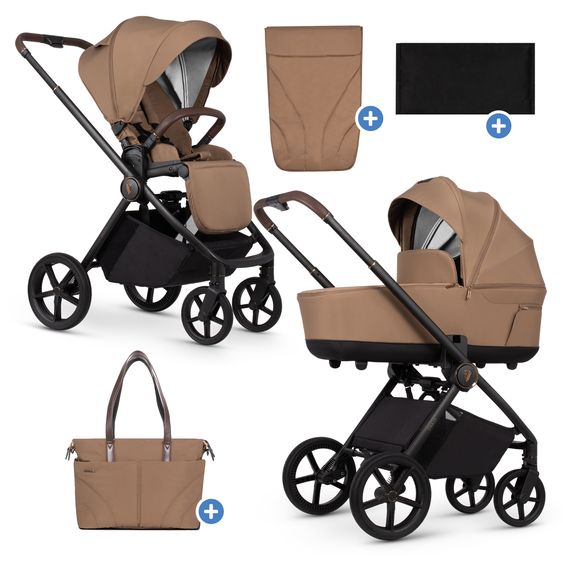 Venicci 2in1 Kombi-Kinderwagen Claro bis 22 kg mit Babywanne, Sportsitz, Teleskopschieber, Liegeposition inkl. Regenschutz, Beindecke & Wickeltasche mit Wickeunterlage - Caramel