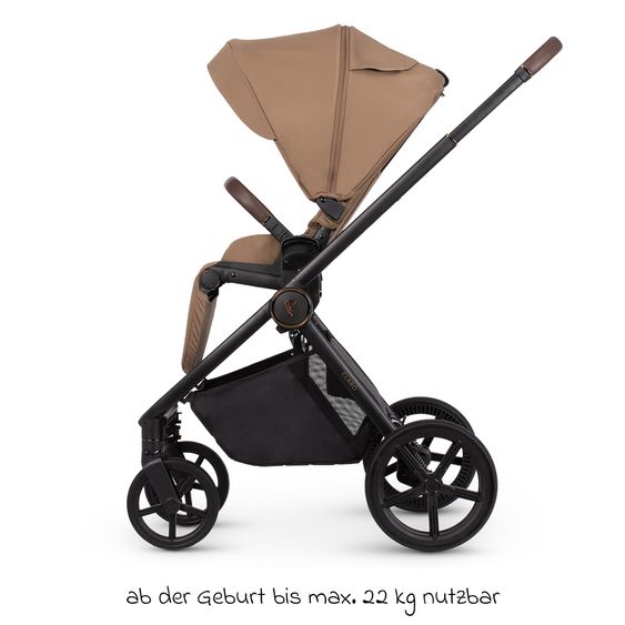 Venicci 2in1 Kombi-Kinderwagen Claro bis 22 kg mit Babywanne, Sportsitz, Teleskopschieber, Liegeposition inkl. Regenschutz, Beindecke & Wickeltasche mit Wickeunterlage - Caramel