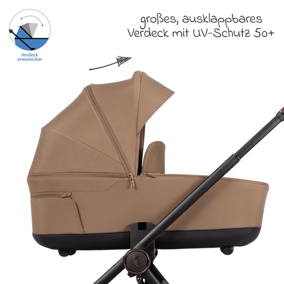 Venicci 2in1 Kombi-Kinderwagen Claro bis 22 kg mit Babywanne, Sportsitz, Teleskopschieber, Liegeposition inkl. Regenschutz, Beindecke & Wickeltasche mit Wickeunterlage - Caramel